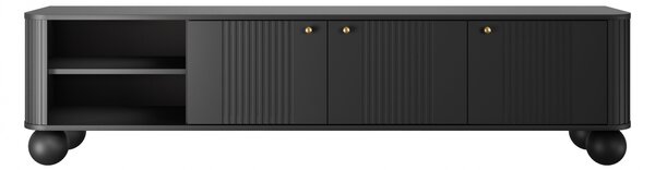 Comodă TV Vesper 187 cm trei uși - negru cu mânere aurii / picioare sferice