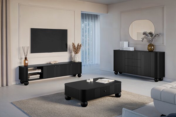 Comodă TV Vesper 187 cm cu 3 uși - negru / mânere negre / picioare sferice