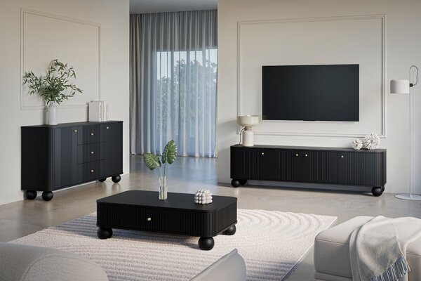Comodă TV Vesper 4D 187 cm - negru / mânere aurii / picioare sferice