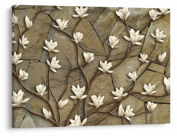 Tablou - Magnolii albe pe zidărie de piatră (70x50 cm)