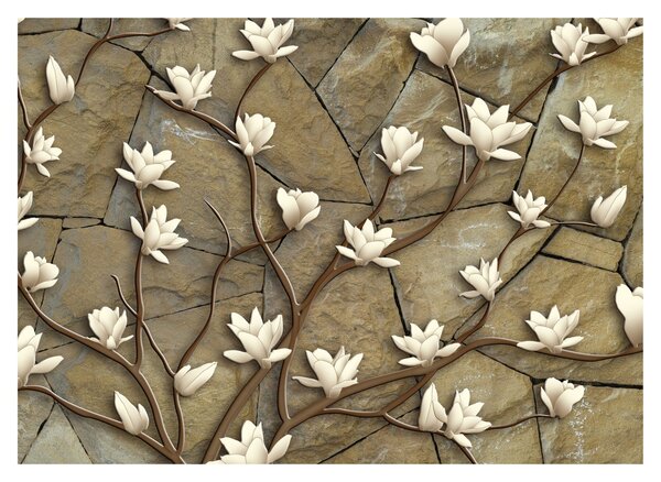 Tablou - Magnolii albe pe zidărie de piatră (70x50 cm)
