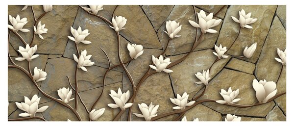 Tablou - Magnolii albe pe zidărie de piatră (120x50 cm)