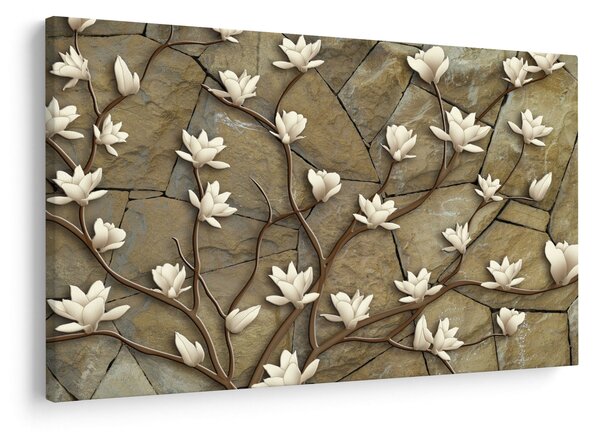 Tablou - Magnolii albe pe zidărie de piatră (90x60 cm)