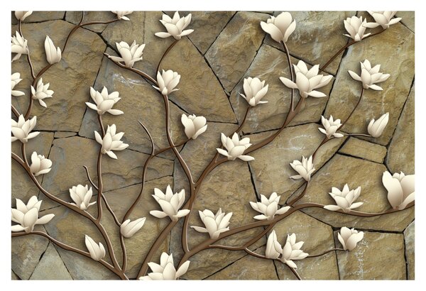 Tablou - Magnolii albe pe zidărie de piatră (90x60 cm)