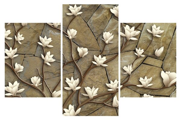 Tablou - Magnolii albe pe zidărie de piatră (90x60 cm)