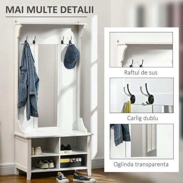 HOMCOM Mobilier de Hol cu Cuier și Oglindă, Design Modern, Spațiu de Depozitare, 80x40x170 cm, Alb | Aosom Romania