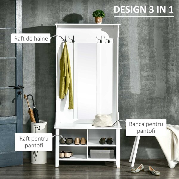 HOMCOM Mobilier de Hol cu Cuier și Oglindă, Design Modern, Spațiu de Depozitare, 80x40x170 cm, Alb | Aosom Romania