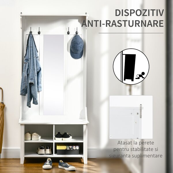 HOMCOM Mobilier de Hol cu Cuier și Oglindă, Design Modern, Spațiu de Depozitare, 80x40x170 cm, Alb | Aosom Romania