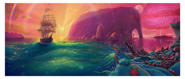 Tablou - Pictură în ulei, călătorie într-un țărăm fantastic (120x50 cm)