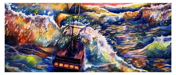 Tablou - Navă pe valurile oceanului, aquarelă (120x50 cm)