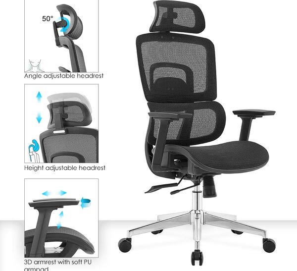 Ergodynamic Gary H - Scaun de birou - Full mesh - black, translatie sezut, brate 3D