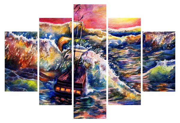 Tablou - Navă pe valurile oceanului, aquarelă (150x105 cm)