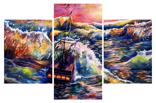 Tablou - Navă pe valurile oceanului, aquarelă (90x60 cm)