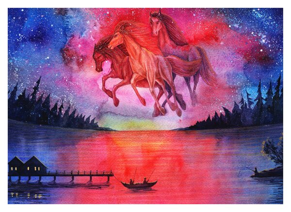 Tablou - Apariția cailor spațiali peste lac, acuarelă (70x50 cm)