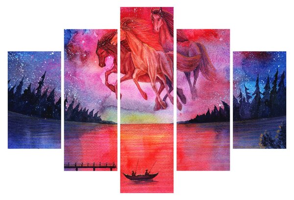 Tablou - Apariția cailor spațiali peste lac, acuarelă (150x105 cm)