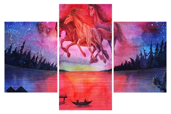 Tablou - Apariția cailor spațiali peste lac, acuarelă (90x60 cm)