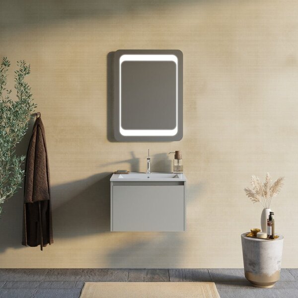 Mobilier Baie, 60cm, Bej Mat Cu Lavoar și Oglindă 60x80 | Monaco