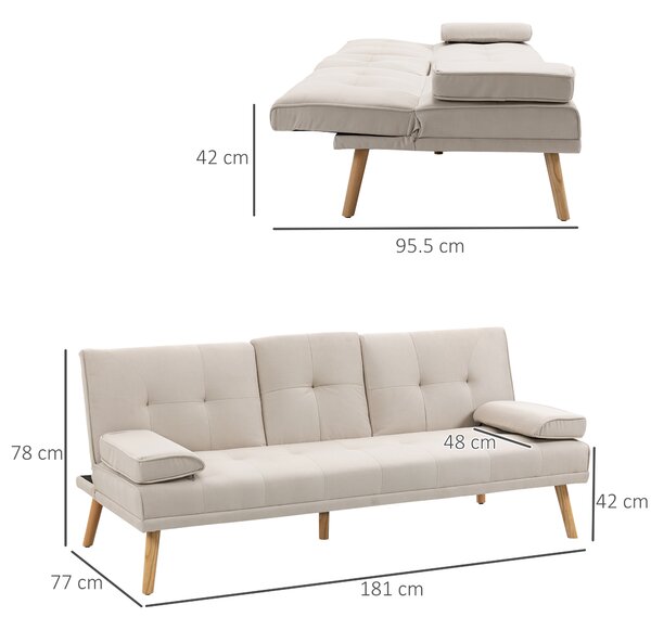 HOMCOM Canapea extensibila extensibila cu 3 locuri in stil scandinav, cu 2 cotiere detasabile si tapiterie, bej | Aosom Romania