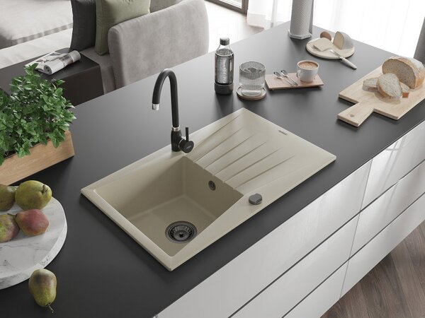 Mexen Cesar, chiuveta granit 775x470x190 mm, 1 camera, bej cu sifon negru, 6514771010-69-B