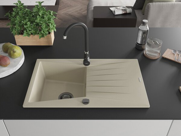 Mexen Cesar, chiuveta granit 775x470x190 mm, 1 camera, bej cu sifon negru, 6514771010-69-B