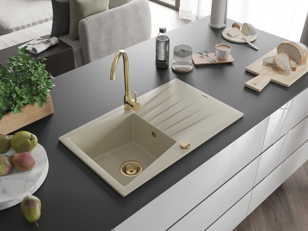 Mexen Cesar, chiuveta granit 775x470x190 mm, 1 camera, bej cu sifon auriu, 6514771010-69-G