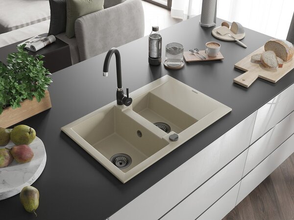 Mexen Gaspar, chiuveta granit 737x475x177 mm, 1,5 camere, bej cu sifon negru, 6507731505-69-B