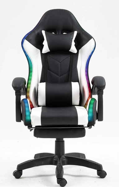 RESIGILAT- Scaun gaming, Masaj in 7 puncte, sistem iluminare bandă LED RGB, boxe bluetooth, funcție șezlong, 90-150 grade, suport picioare, Negru/Alb