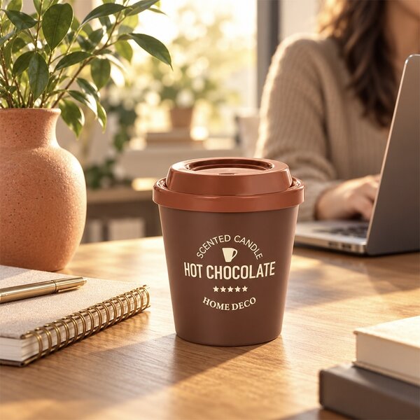 Lumanare parfumata decorativa Hot Chocolate in forma de pahar de cafea, cu recipient tip Coffee Cup, durata de ardere 20 de ore, lumanare aromata pentru casa, living, dormitor si birou, decoratiune moderna, idee de cadou, maro