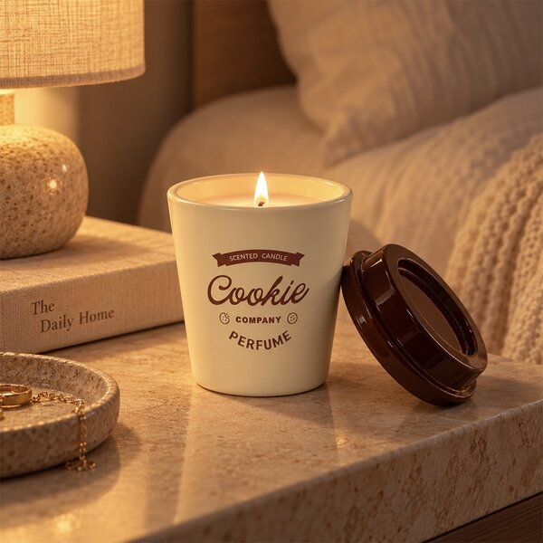 Lumanare parfumata decorativa Cookie in forma de pahar de cafea, cu recipient tip Coffee Cup, durata de ardere 20 de ore, lumanare aromata pentru casa, living, dormitor si birou, decoratiune moderna, idee de cadou, maro