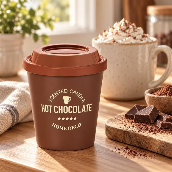 Lumanare parfumata decorativa Hot Chocolate in forma de pahar de cafea, cu recipient tip Coffee Cup, durata de ardere 20 de ore, lumanare aromata pentru casa, living, dormitor si birou, decoratiune moderna, idee de cadou, maro