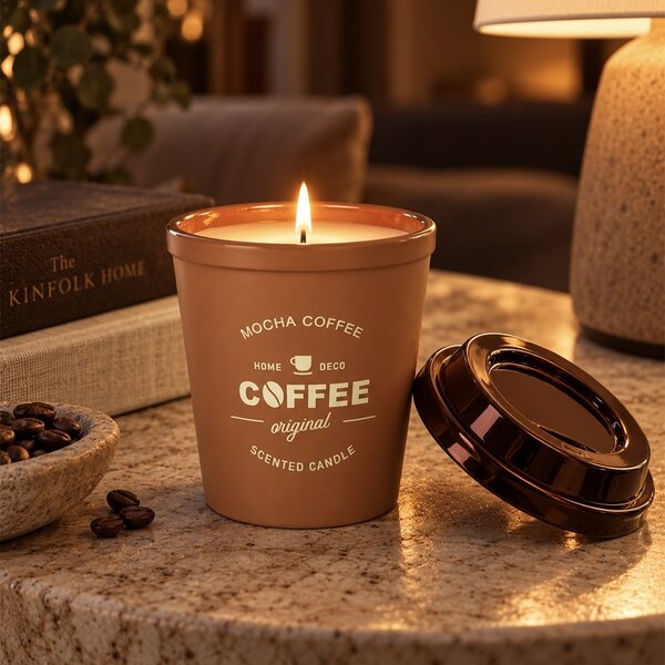 Lumanare parfumata decorativa Mocha Coffee in forma de pahar de cafea, cu recipient tip Coffee Cup, durata de ardere 20 de ore, lumanare aromata pentru casa, living, dormitor si birou, decoratiune moderna, idee de cadou, maro