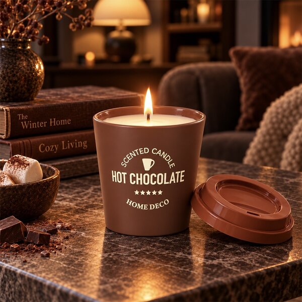 Lumanare parfumata decorativa Hot Chocolate in forma de pahar de cafea, cu recipient tip Coffee Cup, durata de ardere 20 de ore, lumanare aromata pentru casa, living, dormitor si birou, decoratiune moderna, idee de cadou, maro