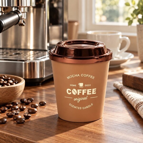 Lumanare parfumata decorativa Mocha Coffee in forma de pahar de cafea, cu recipient tip Coffee Cup, durata de ardere 20 de ore, lumanare aromata pentru casa, living, dormitor si birou, decoratiune moderna, idee de cadou, maro