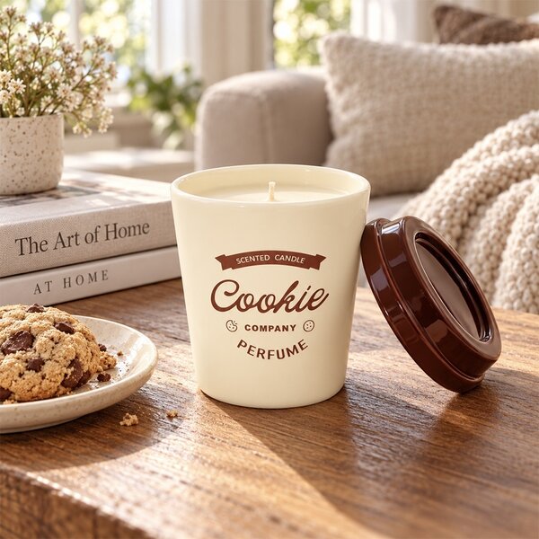 Lumanare parfumata decorativa Cookie in forma de pahar de cafea, cu recipient tip Coffee Cup, durata de ardere 20 de ore, lumanare aromata pentru casa, living, dormitor si birou, decoratiune moderna, idee de cadou, maro
