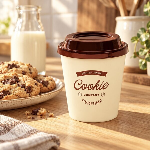 Lumanare parfumata decorativa Cookie in forma de pahar de cafea, cu recipient tip Coffee Cup, durata de ardere 20 de ore, lumanare aromata pentru casa, living, dormitor si birou, decoratiune moderna, idee de cadou, maro