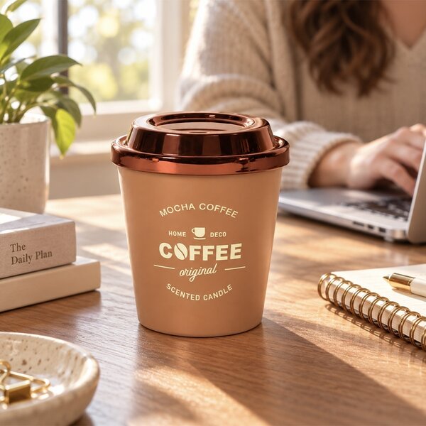 Lumanare parfumata decorativa Mocha Coffee in forma de pahar de cafea, cu recipient tip Coffee Cup, durata de ardere 20 de ore, lumanare aromata pentru casa, living, dormitor si birou, decoratiune moderna, idee de cadou, maro