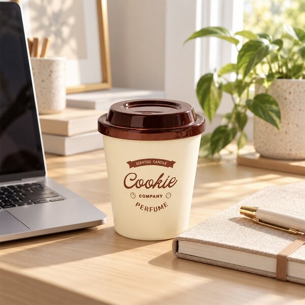 Lumanare parfumata decorativa Cookie in forma de pahar de cafea, cu recipient tip Coffee Cup, durata de ardere 20 de ore, lumanare aromata pentru casa, living, dormitor si birou, decoratiune moderna, idee de cadou, maro