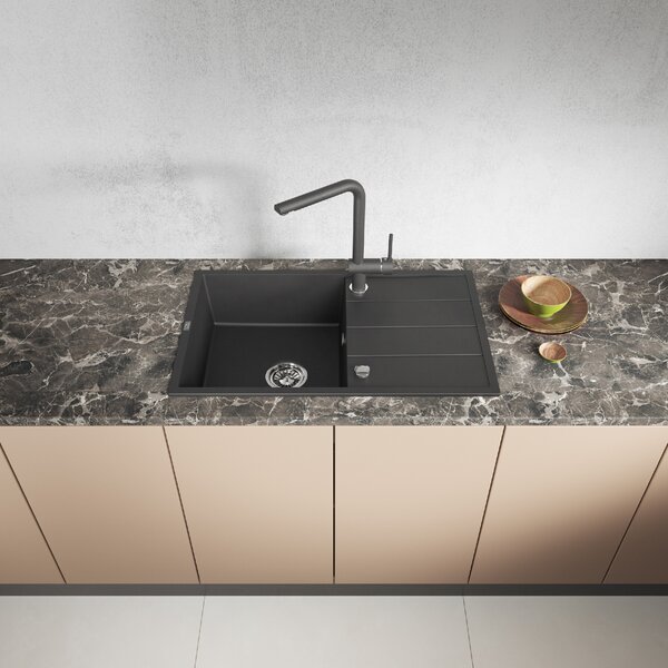 Laveo Wolin, chiuvetă din granit cu 1 compartiment 780x480x185 mm, negru pătat, LAV-SPW_711T