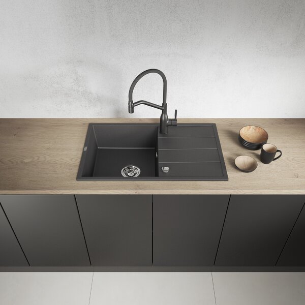 Laveo Wolin, chiuvetă din granit cu 1 compartiment 780x480x185 mm, negru pătat, LAV-SPW_711T