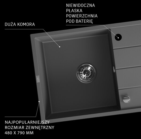 Laveo Wolin, chiuvetă din granit cu 1 compartiment 780x480x185 mm, negru pătat, LAV-SPW_711T