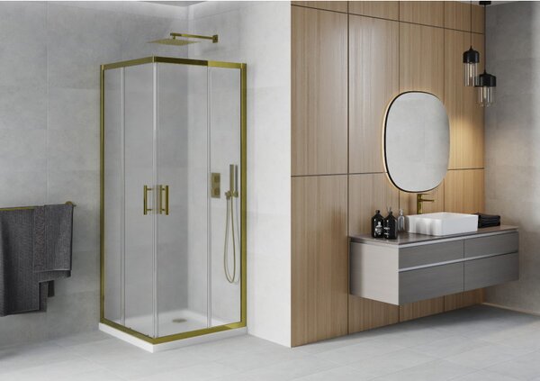 Mexen Rio, duș pătrat cu ușă glisantă 90(uşă) x 90(uşă) x 190 cm, sticlă mată 6mm, profil auriu + cadă de duș SLIM albă, 860-090-090-50-30-4010G