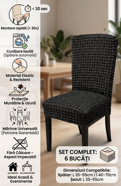 Set 6x Huse elastice universale pentru scaune – Material rezistent, lavabil, montare rapidă, Negru