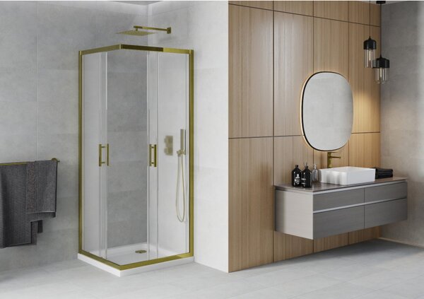 Mexen Rio, duș pătrat cu ușă glisantă 90(uşă) x 90(uşă) x 190 cm, sticlă mată 6mm, profil auriu + cadă de duș SLIM albă, 860-090-090-50-30-4010G