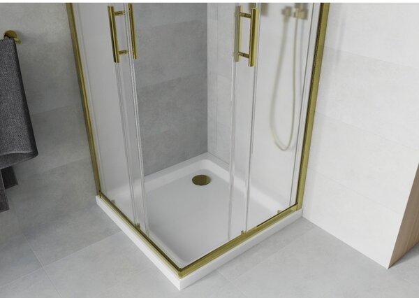Mexen Rio, duș pătrat cu ușă glisantă 90(uşă) x 90(uşă) x 190 cm, sticlă mată 6mm, profil auriu + cadă de duș SLIM albă, 860-090-090-50-30-4010G