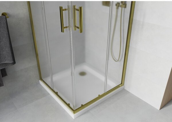 Mexen Rio, duș pătrat cu ușă glisantă 90(uşă) x 90(uşă) x 190 cm, sticlă mată 6mm, profil auriu + cadă de duș SLIM albă, 860-090-090-50-30-4010G