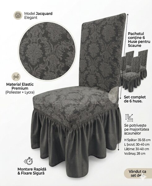 Set 6 Huse Elastice pentru Scaune cu volanas Jacquard, Gri inchis