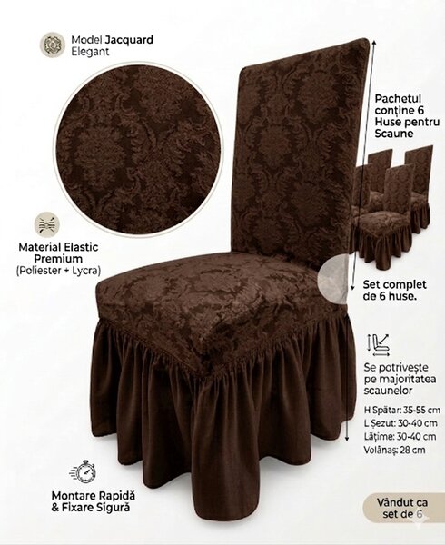 Set 6 Huse Elastice pentru Scaune cu volanas Jacquard, Maro