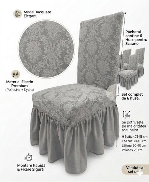 Set 6 Huse Elastice pentru Scaune cu volanas Jacquard, Gri deschis