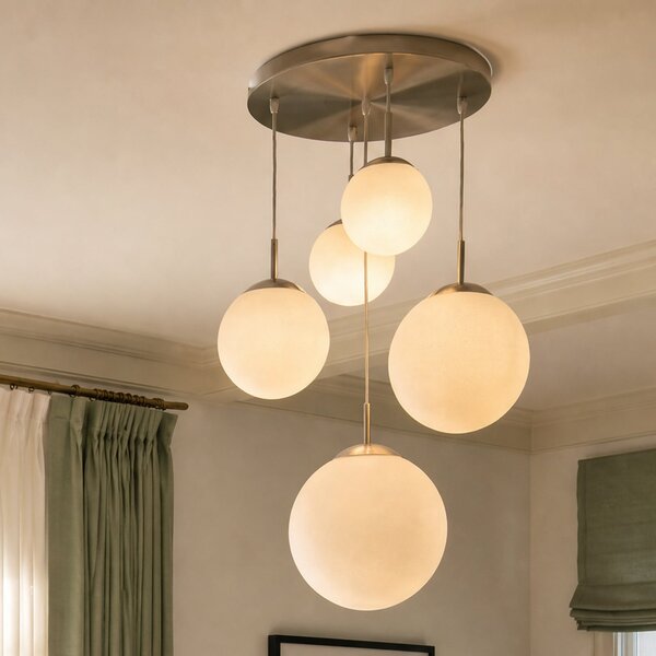 Lindby Lampă suspendată Heleska, alb, sticlă, 5 becuri, Ø 50 cm, reglabil, Gri, Camera de zi / sufragerie, Metal, Modern, Pandantive la pachet
