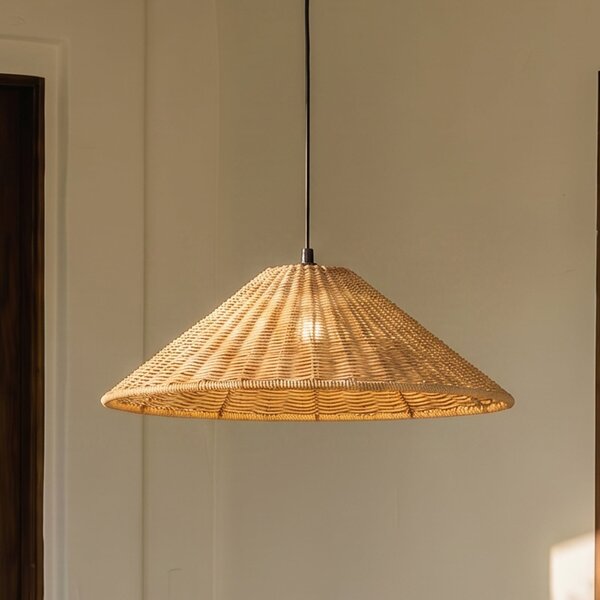Lucande Lampă suspendată pentru exterior Taniola, 1 bec, conică, Ø 60 cm, reglabil, Lemn, Lemn, Casă de țară / Rustic